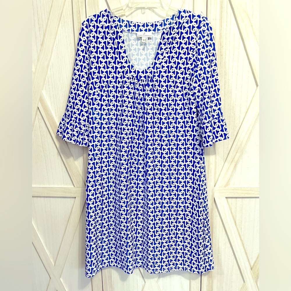 JUDE Connally Blue White Chain Print A-Line Dress Size L Style 109